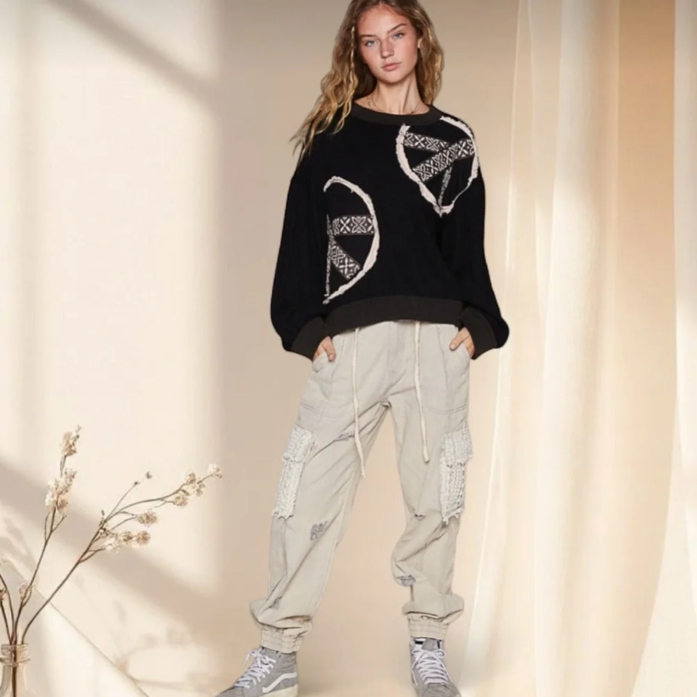POL Black Boho Peace Sign Patch Sweater | Relaxed Fit Patchwork Top - Picture 6 of 7